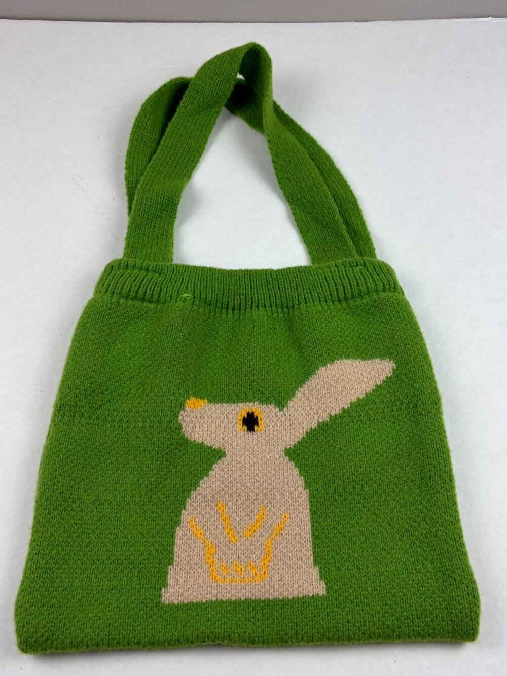Green Knit Small Tote Bag With Bunny On Both Sides 11 1/2"W x 11" L